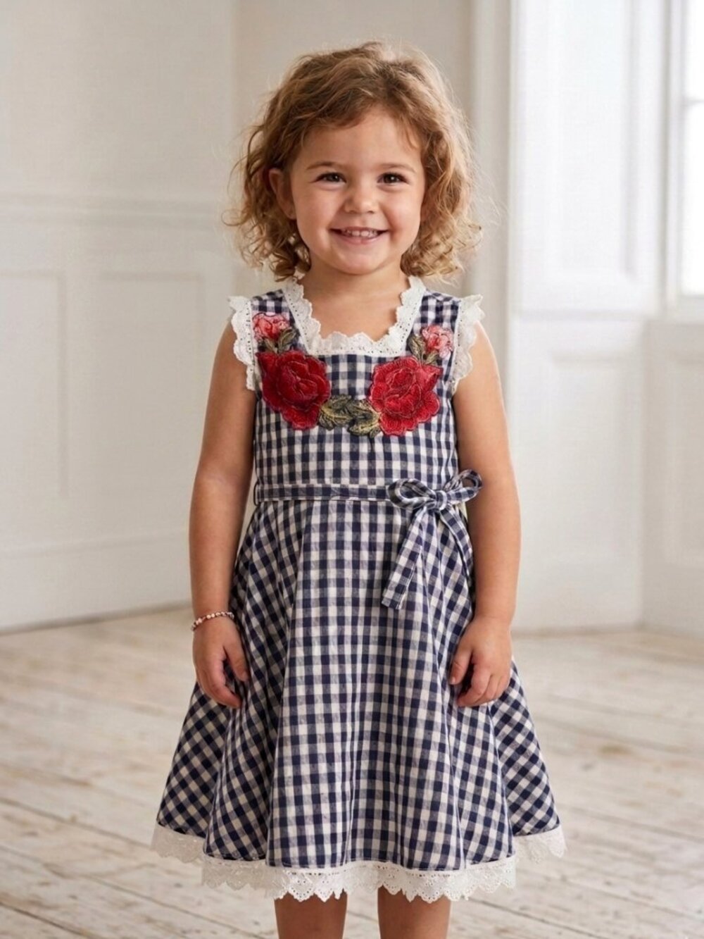 TRISH SCULLY Blue White Gingham Red Floral Patch Embroidered Dress - Size 3T